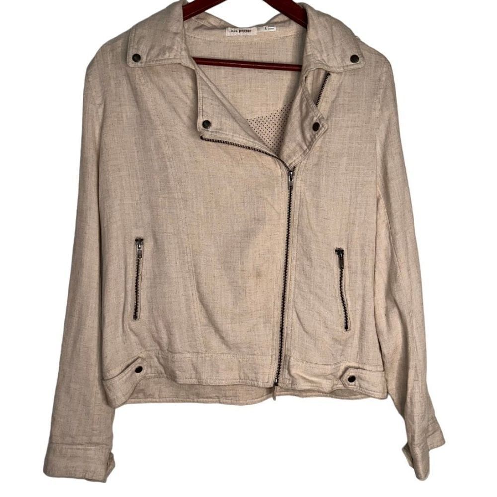 Blu Pepper Womens‎ L Viscose / Linen Cream Modern Moto Asymmetric Zip Jacket